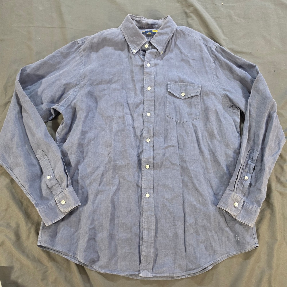 Ralph Lauren Rugby Men XL Blue 100% Linen Button Down Shirt Long Sleeve Flap Pkt